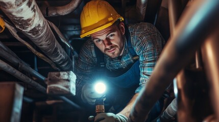 Industrial Worker Using a Flashlight to Inspect Pipes.