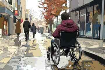 Obraz premium Autumn city stroll: empowerment and inclusion for wheelchair users in urban landscapes