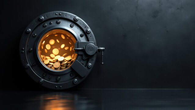Stablecoin symbolized by a vault filled with gold coins, signifying value, security, and financial strength.