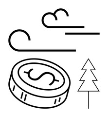 Coin with dollar sign next to a tree and stylized wind elements. Ideal for green energy, sustainability, eco-friendly finance, economic growth, renewable resources, climate change, environmental