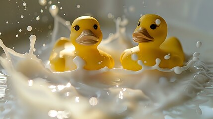 Yellow rubber ducks playing in splashing water with sparkling droplets creates cheerful bath time scene perfect for childhood and hygiene concepts.