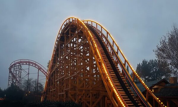 A wooden roller coaster with illuminated tracks on a cloudy day.