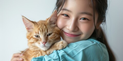 A young Asian girl is hugging an orange cat.