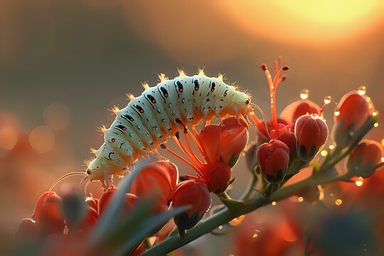 Stunning monarch butterfly caterpillar on vibrant orange wildflower captured in golden sunset light, perfect for nature photography, wildlife conservation and educational materials.