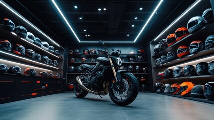 Obraz premium Modern Motorcycle Display in Store with Helmet Shelves in Background