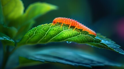 Fototapeta premium Small fuzzy orange caterpillar resting on textured green leaf with dark bokeh background, perfect for nature photography, wildlife education and environmental conservation themes