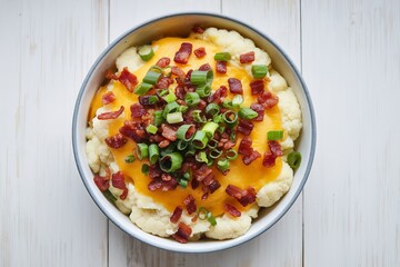 a bowl of mashed cauliflower topped with melted cheese, crispy bacon bits, and chopped green onions