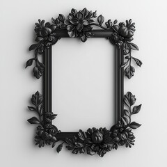 A decorative black frame with intricate floral designs, perfect for showcasing art or photographs against a minimalist background.