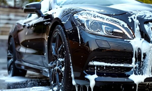 black sports car washed in steam