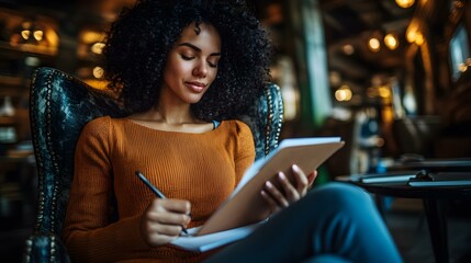 African American Woman Writing in Notebook While Sitting in Chair in Cafe