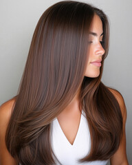 Naklejka premium Sleek Brown Hair on Beautiful Model, Highlighting Spa and Haircare