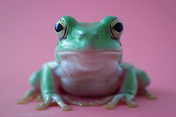 A green frog sits on a pink background