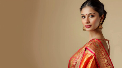 A woman in a red and gold sari poses for a portrait against a beige backdrop