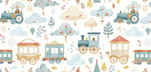  Cute toy train pattern with pastel-colored wagons and engines