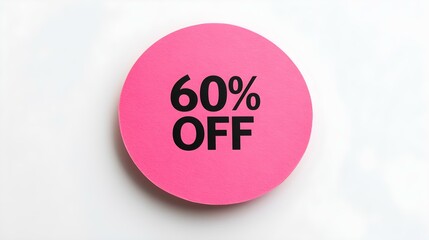Black '60% OFF' Text on a Pink Round Paper Note. White Background with Copy Space