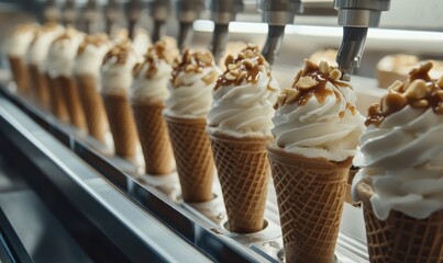 Close-Up of Soft Ice Cream in Waffle Cones on Production Line, Creamy Texture with Crouton Pieces
