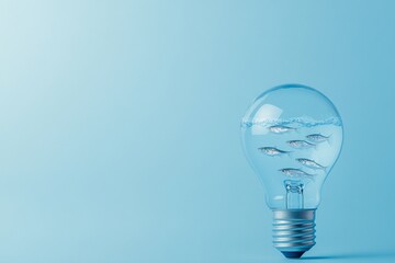 Creative Concept of Fish Swimming Inside a Light Bulb on Blue Background