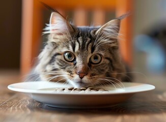 Cat staring at a plate of food