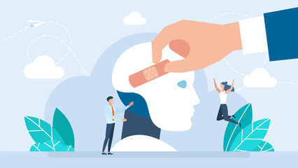 Broken robot with details. Repair a cyborg. Robot Training, Robotics Engineering, Automatization. Businessman Character Holding plaster near Cyborg Head. Artificial Intelligence. Vector Illustration