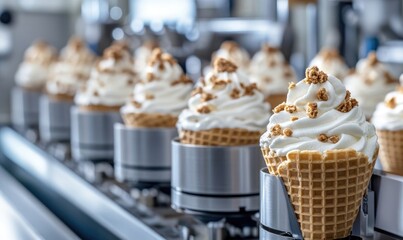 Close-Up of Soft Ice Cream in Waffle Cones on Production Line, Creamy Texture with Crouton Pieces
