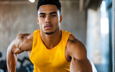 Fototapeta premium Muscular African American Man in Yellow Tank Top