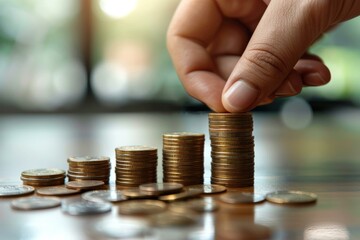 A hand stacking up coins to show the concept of saving money