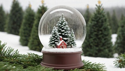 Magical Winter Snow Globe with Christmas Tree and House