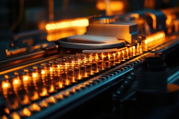 Bottles of Multivitamin Supplements on Conveyor Belt in Modern Medicine Factory, Warm Lighting