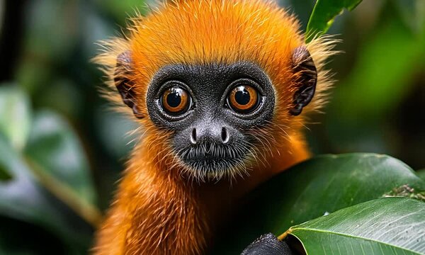 A close-up of a vibrant orange monkey peering through leaves.