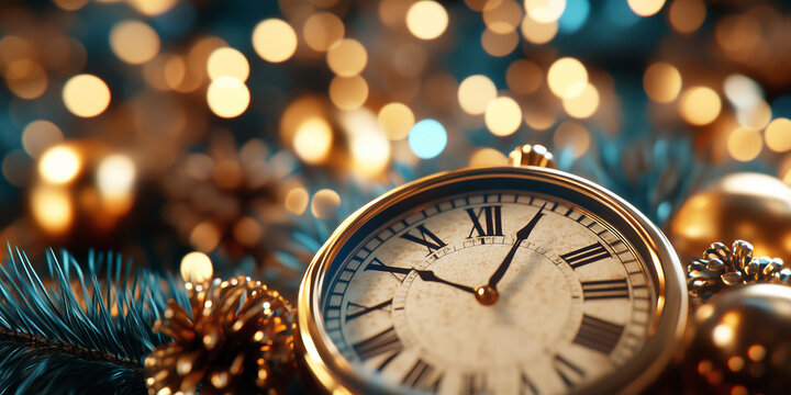 Clock striking midnight on New Year’s Eve, Happy Newyear - Powered by Adobe