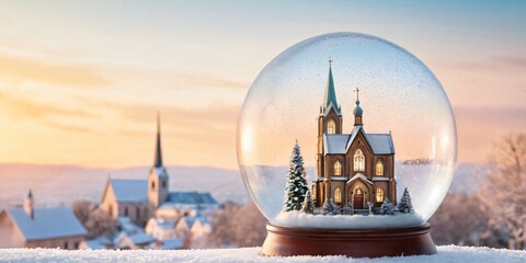 Christmas Snow Globe with Church, Snow Globe with Alpine Church at Sunset.