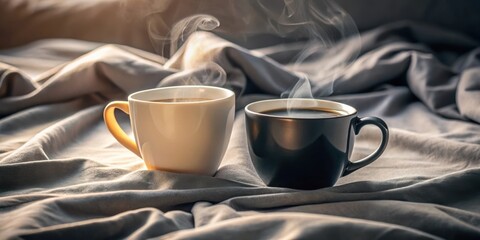 A warm morning cup of coffee and a black cup of steaming coffee on a gray textured linen surface.
