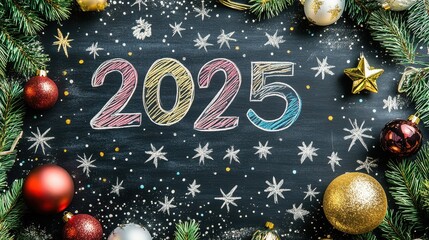 Colorful Chalkboard with 2025 New Year Goals Surrounded by Festive Decorations, Perfect for Inspiring Resolutions and Celebrations in the Coming Year
