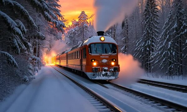 A train travels through a snowy forest at sunset.