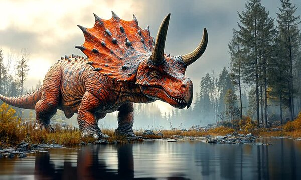 A vibrant dinosaur near a tranquil water body in a misty landscape.