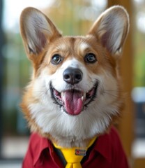 A happy corgi dog wearing a red shirt and yellow tie