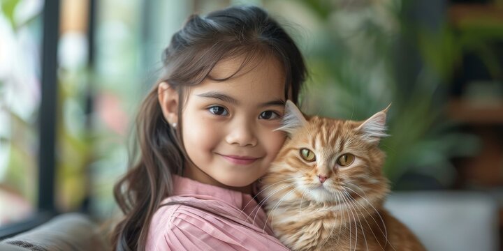 A young girl hugging an orange cat