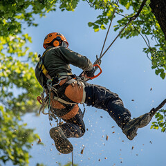 A tree surgeon expertly suspended in a harness cuts high branches using a chainsaw, with sawdust cascading down as a vibrant green park and blue sky stretch below