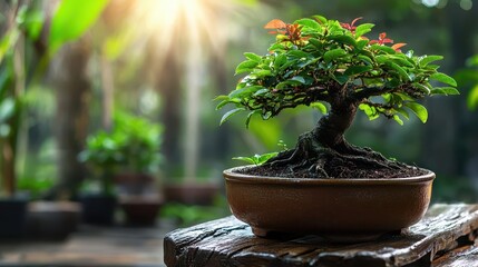 A young bonsai tree growing in a beautifully shaped ceramic pot, symbolizing growth and nurturing
