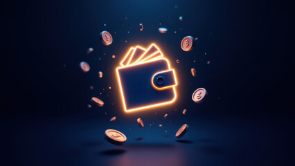 A digital illustration featuring a virtual wallet and a stack of coins.