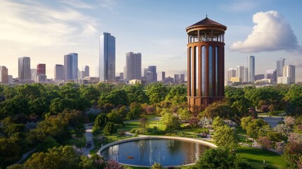 Fototapeta premium Water Tower Park in City Skyline.