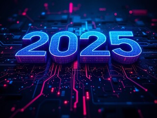 3D futuristic background with glowing neon font spelling out 2025 in a digital matrix-style pattern