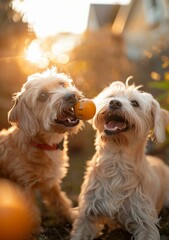 Two small dogs playing with a ball in the backyard