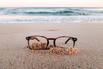A photo of glasses lying on the sand at the beach
