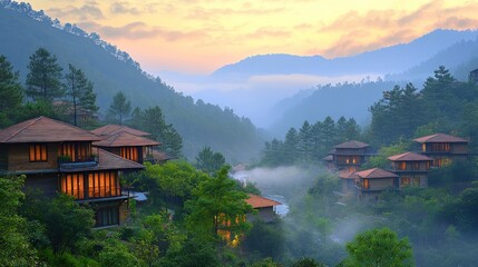 Naklejka premium A tranquil mountain village nestled among lush green hills, bathed in the soft glow of sunrise.