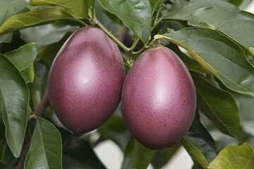 Two purple fruits hanging on a branch among green leaves.