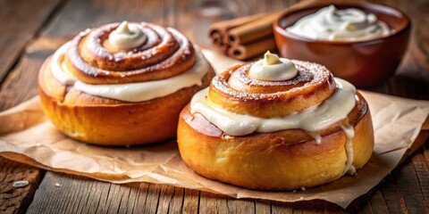 Two Freshly Baked Cinnamon Rolls with Creamy Frosting on a Rustic Wooden Table