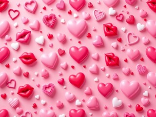 A Playful 3D Pattern Featuring Pink Hearts, Red Lips, and Candy Hearts, Perfect for Fun and Sweet Valentine's Day Designs