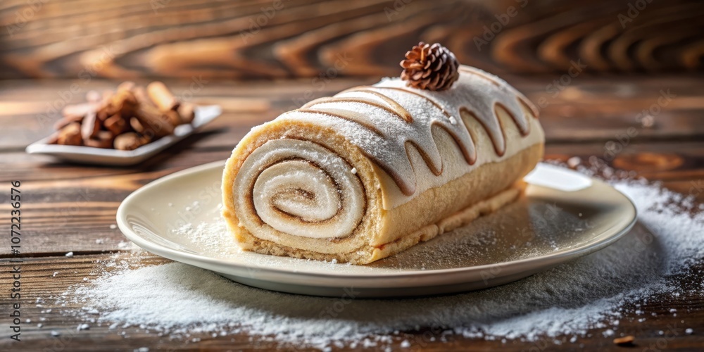 Poster a sweet and fluffy cake roll dusted with powdered sugar, topped with a decorative chocolate drizzle 