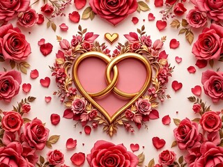 An Elegant 3D Pattern of Intertwined Hearts, Rose Petals, and Golden Rings, Symbolizing Eternal Love and Romance, Perfect for Couples-Themed Designs